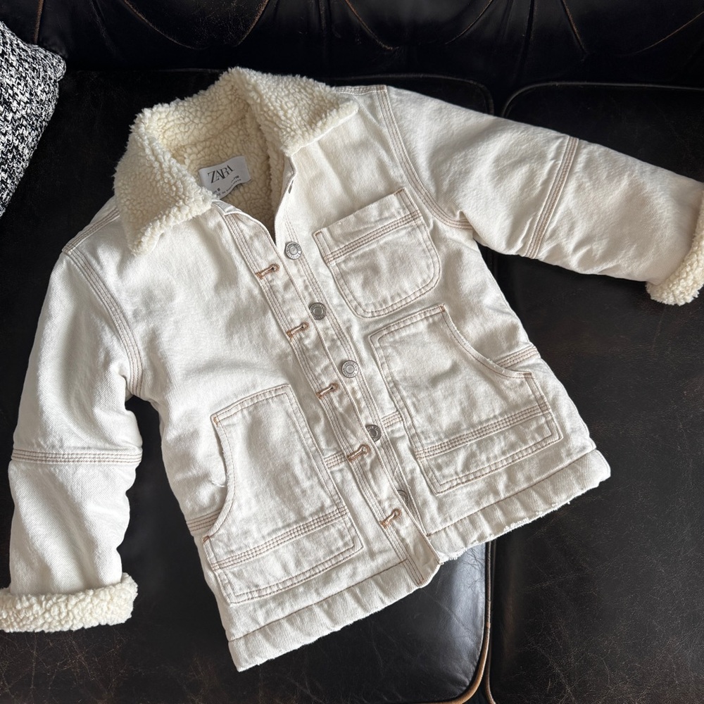 Zara Boys 6 White Denim sherpa jacket Canvas Pocket Button Up Cozy Neutral Mono